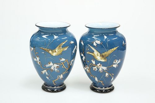 A PAIR OF VICTORIAN ENAMEL PAINTED BLUE CASED GLASS VASES, of tapering oval