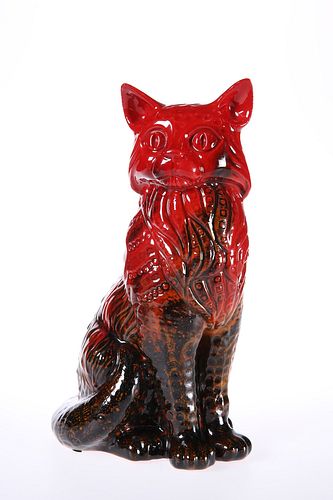 A ROYAL DOULTON FLAMBE VEINED MODEL OF A SEATED CAT, black printed factory 
