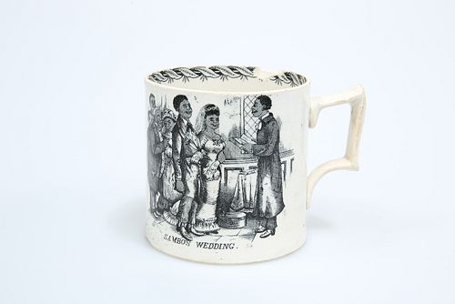 A 19TH CENTURY STAFFORDSHIRE TRANSFER-PRINTED POTTERY MUG, with two prints 