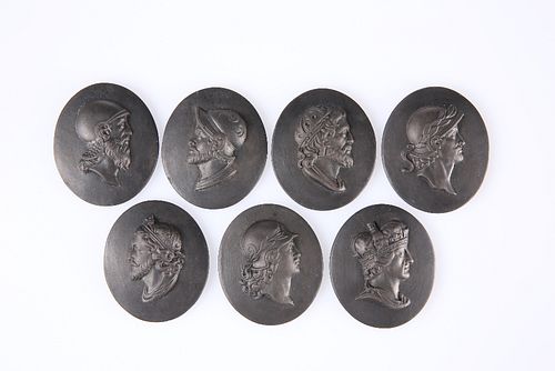 A SET OF SEVEN BLACK BASALT CAMEOS OF KINGS OF ENGLAND, PROBABLY WEDGWOOD, 