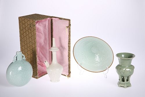 FOUR PIECES OF CHINESE CELADON WARE, comprising: an eggshell bowl, moulded 