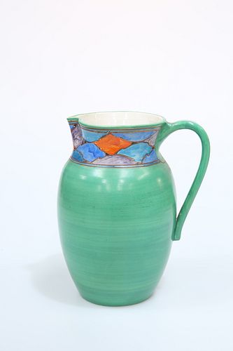 AN ART DECO HAND-PAINTED POTTERY JUG, with green ground and painted neck, i