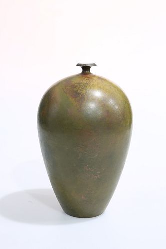 A STUDIO POTTERY VASE, ovoid with minute neck, oxidised glaze, incised AH (