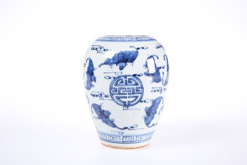 A CHINESE PORCELAIN BLUE AND WHITE VASE, the ovoid body painted with bats a