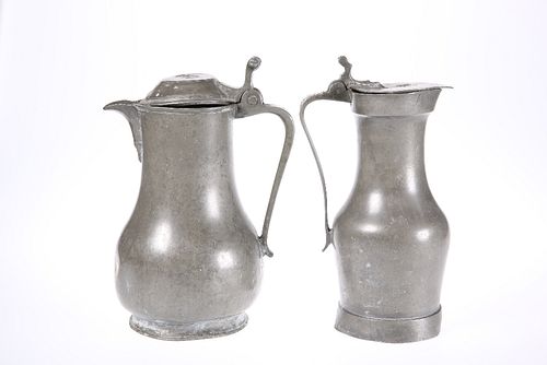 TWO PEWTER LIDDED FLAGONS, 18th CENTURY, the first French, of baluster form