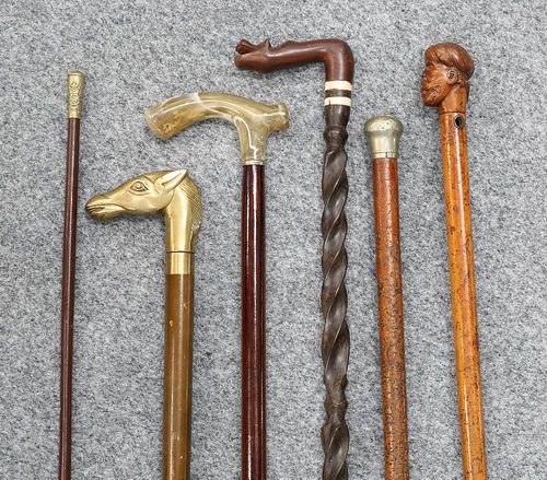 A GROUP OF STICKS, to include a Sherwood Foresters swagger stick, brass hor