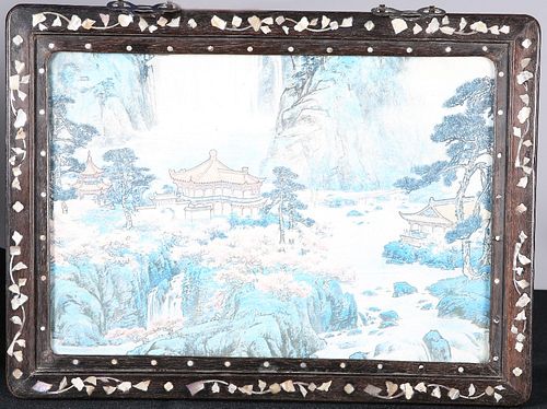 A CHINESE MOTHER-OF-PEARL INLAID HARDWOOD PICTURE FRAME, c.1900, with round