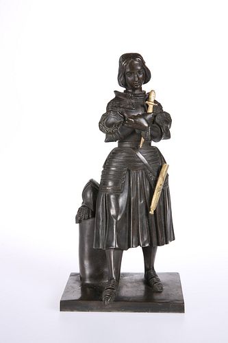 A FRENCH PARCEL-GILT AND PATINATED BRONZE FIGURE OF JOAN OF ARC, LATE 19th 