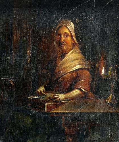 CONTINENTAL SCHOOL, WOMAN IN AN INTERIOR, oil on board, framed. 12cm by 10c