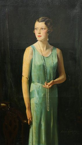 DAVID COWAN DOBSON (1894-1980), PORTRAIT OF A LADY WEARING A LONG PEARL NEC