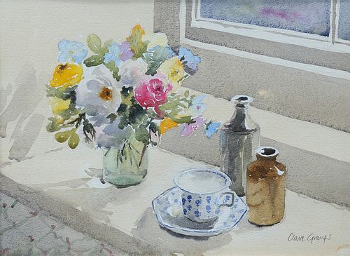 CLARE J. GRANGER, STILL LIFE OF A VASE OF FLOWERS, TEACUP AND SAUCER AND BO