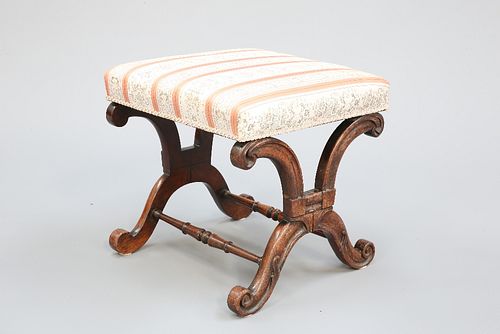 A REGENCY ROSEWOOD STOOL, the square upholstered seat raised on a a trestle