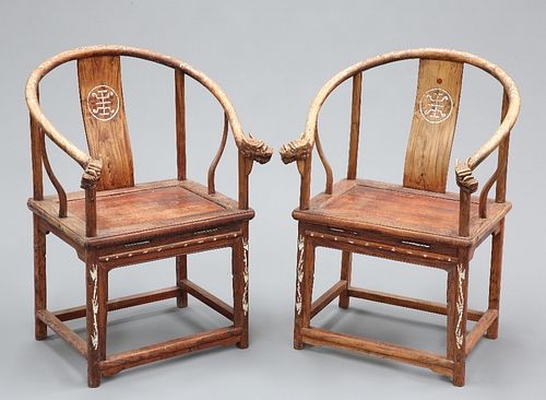 A PAIR OF CHINESE MOTHER-OF-PEARL INLAID ELM CHAIRS, the hoop backs inlaid 
