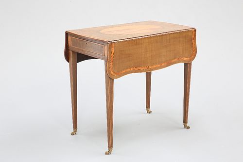 A GEORGE III SATINWOOD AND HAREWOOD PEMBROKE TABLE, the top with inlaid ova