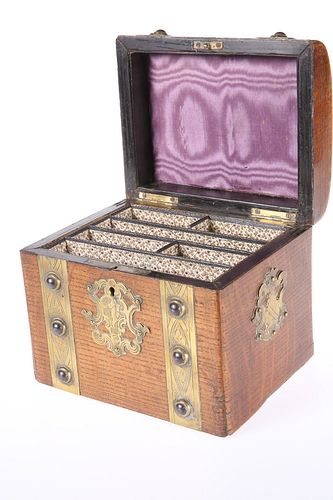 A VICTORIAN BRASS-MOUNTED OAK STATIONERY BOX, with applied brass strapwork 