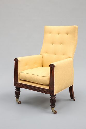 A HANDSOME WILLIAM IV MAHOGANY AND UPHOLSTERED ARMCHAIR, with buttoned back
