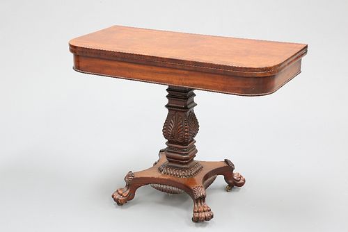 A REGENCY MAHOGANY FOLDOVER TEA TABLE, the crossbanded top with rounded cor