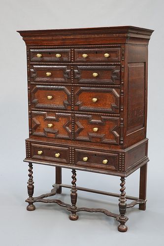 A 17TH CENTURY STYLE OAK CHEST ON STAND, 19TH CENTURY, the upper section wi