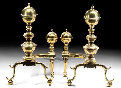 Pair of 18th C. American Polished Brass Andirons
