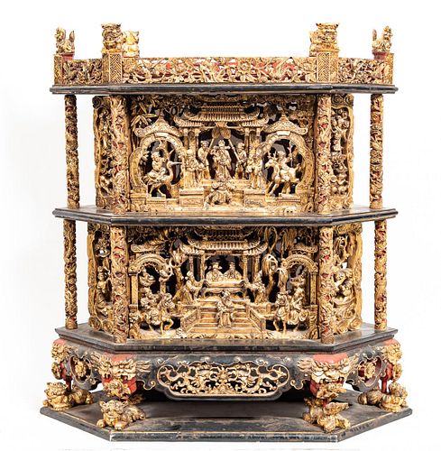CHINESE CARVED GILTWOOD FIGURAL SHRINE