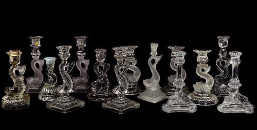 14PC., COLORLESS GLASS DOLPHIN CANDLESTICKS