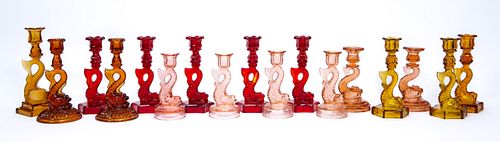 17PC, PRESSED COLORED GLASS DOLPHIN CANDLESTICKS