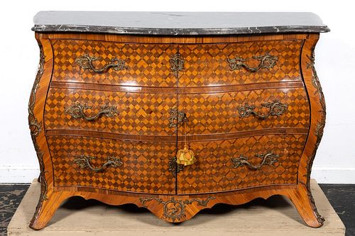 FRENCH COMMODE EN TOMBEAU STYLE PARQUETRY CABINET