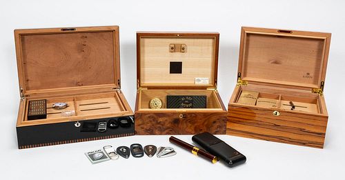 THREE WOODEN HUMIDORS AND ACCESSORIES, 16PC