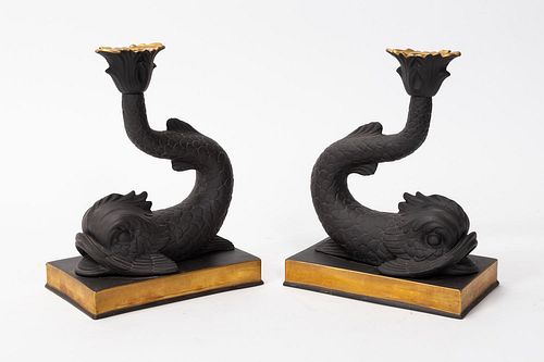 PAIR MOTTAHEDEH AFTER WEDGWOOD BISQUE CANDLESTICKS
