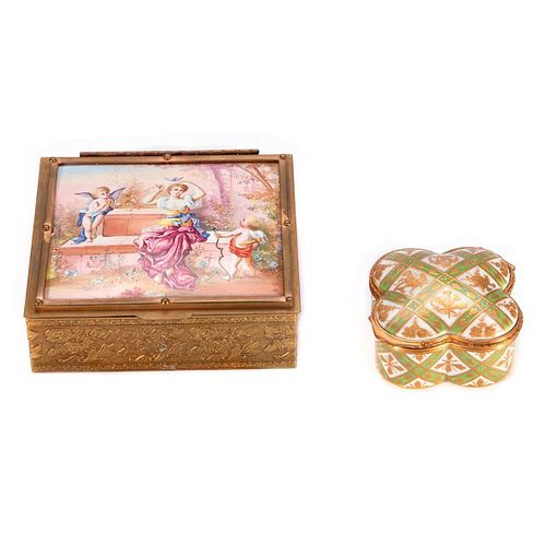 Quartifoil Sevre Box and a Square Brass Box with Painted Panel