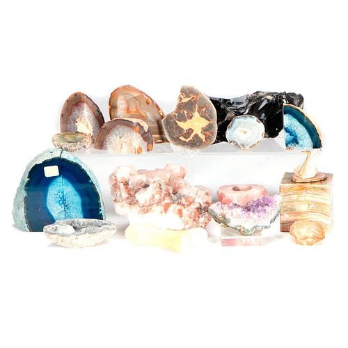 A collection of crystal and mineral specimens.