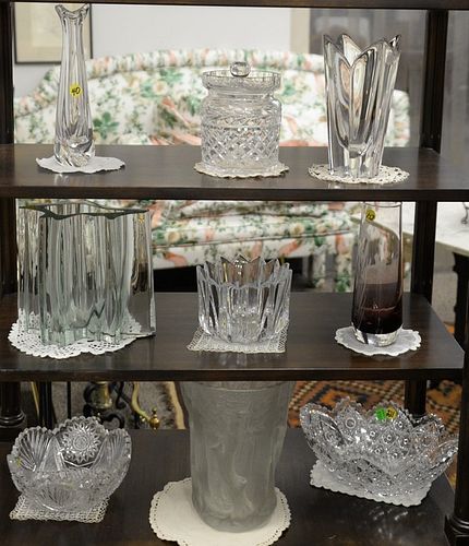 Ten piece group to include Murano art glass vase, frosted glass vase with trees after Lalique, orefors vases, Waterford bisquit jar, Dafford vase, two