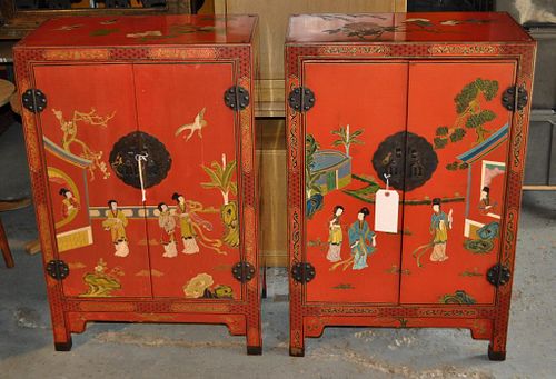 Pair Chinese Style Red Lacquer Cabinets
