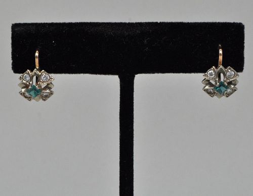 Pr. Russian Diamond/Emerald Maltese Cross Earrings