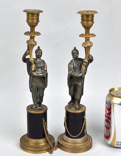 Pair Continental Brass Orientalist Candlesticks