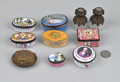 Group Ten Small Enamel, Porcelain, Glass Boxes