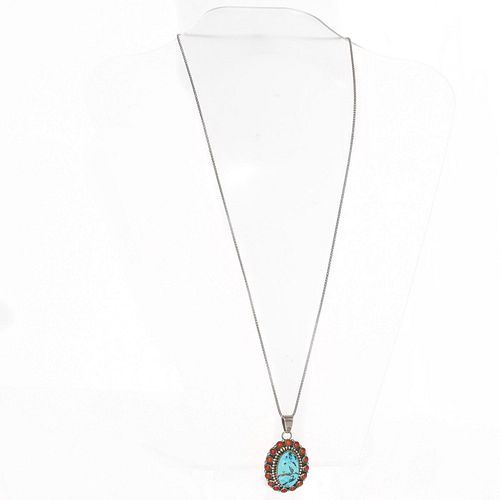 BEA TOM NAVAJO TURQUOISE AND RED CORAL PENDANT NECKLACE