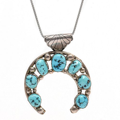 NAVAJO STYLE STERLING SILVER W. TURQUOISE NECKLACE