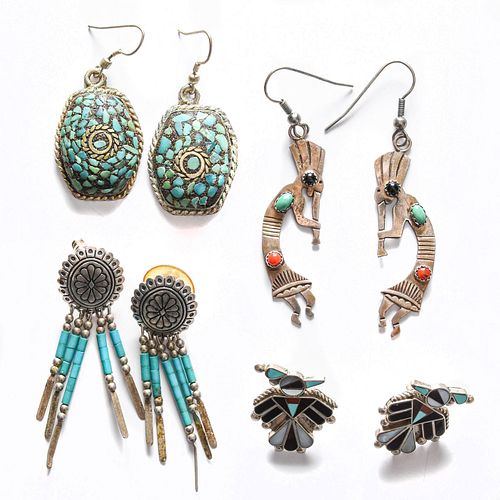 4 PAIRS, NATIVE AMERICAN STYLE STERLING SILVER EARRINGS