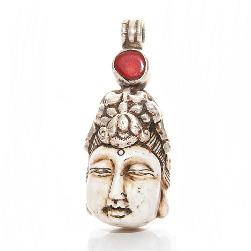 TIBET SILVER AND CARVED STONE BUDDHA PENDANT