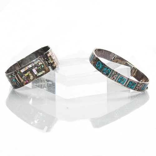 PAIR, MEXICAN STERLING SILVER INLAID LINK BRACELETS