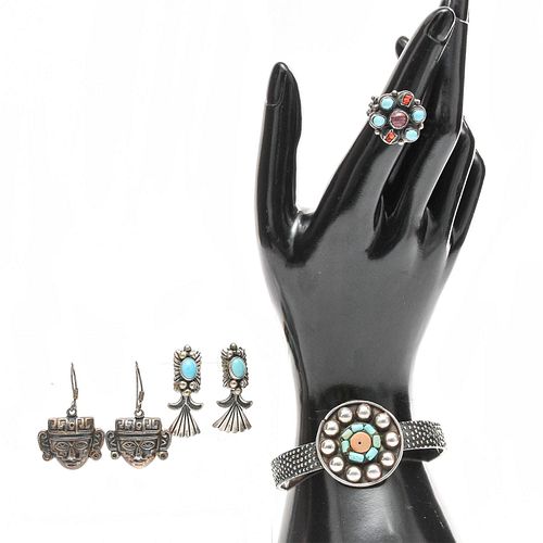 MEXICAN SILVER NATIVE JEWELRY SET WITH TURQUOISE AND CORAL