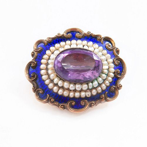 VICTORIAN JEWELRY GOLD, PEARLS, AMETHYST PIN PENDANT