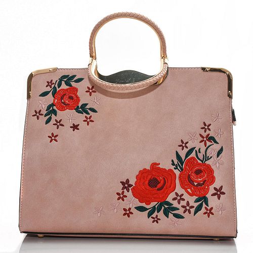 PINK HANDBAG WITH EMBROIDERED FLOWERS
