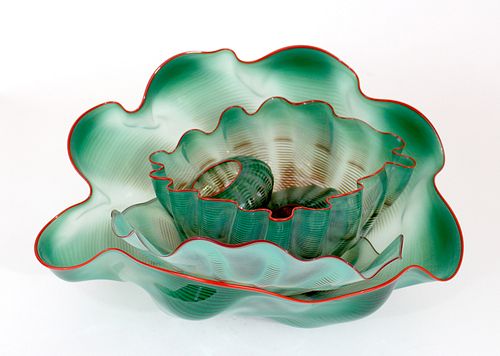 Green Seaform with Oxblood Lip Wrap (5 Pieces) by Dale Chihuly