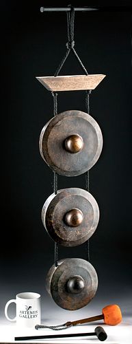 19th C. Burmese Bronze Gong Ensemble