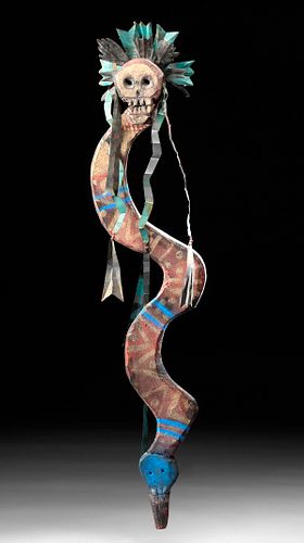 20th C. Mexican Painted Wood Snake w/ Skull Headdress