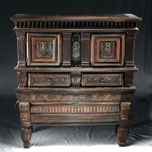 Massive 15th C. French Carved Wooden Chest, 2 part