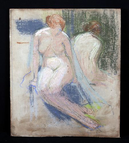 19th C. European Pastel on Canvas - Nude Bather