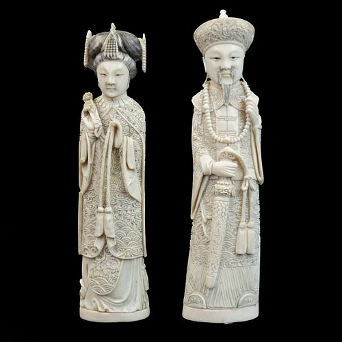 Pair Chinese Polychrome Ivory Figurines
